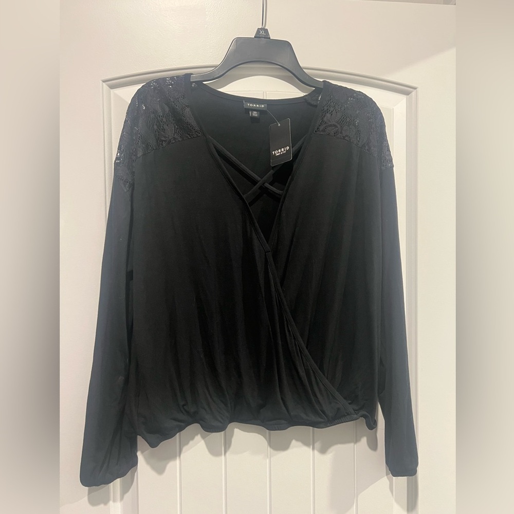 Torrid Black Wrap Blouse with Lace Accents
